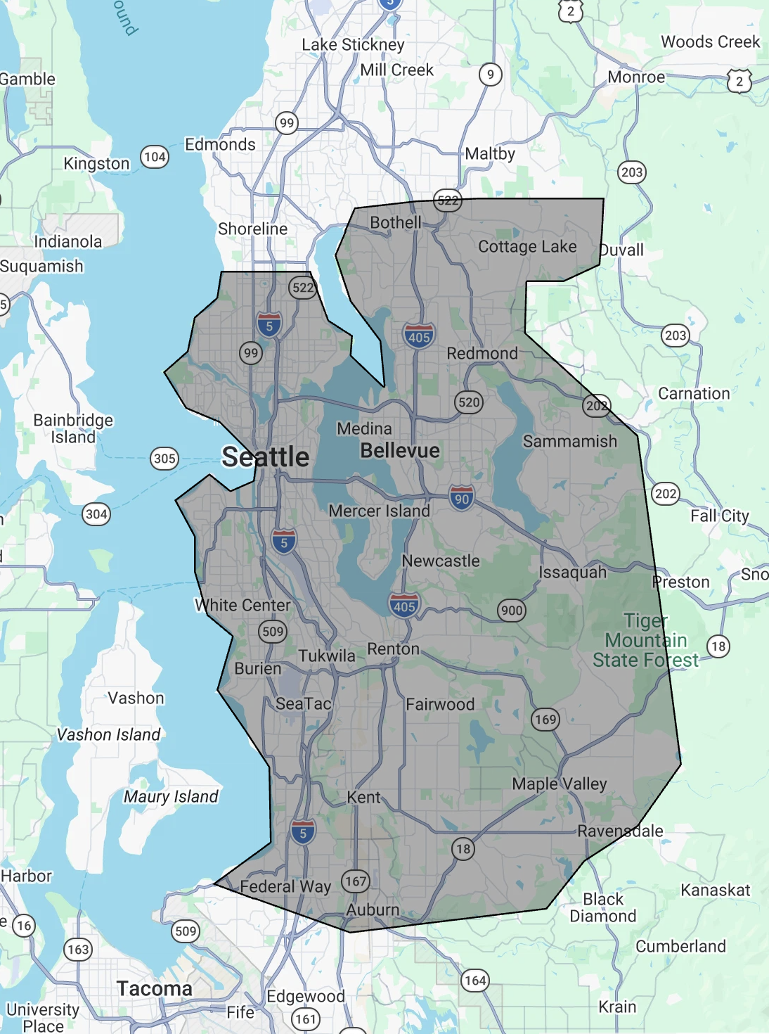 Map of SC Real Estate Media's service area in Seattle, WA